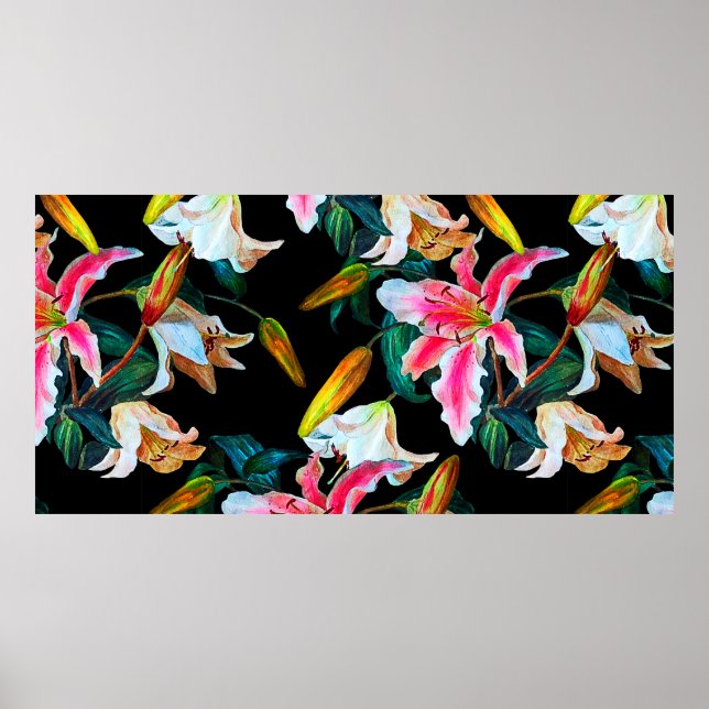 Sömlöst blommönster. Vit och rosa lever på en Poster (Framsidan)