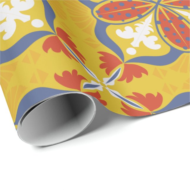 Sömlöst blomster mönster med rött, vitt och blått presentpapper (Rullad Hörn)