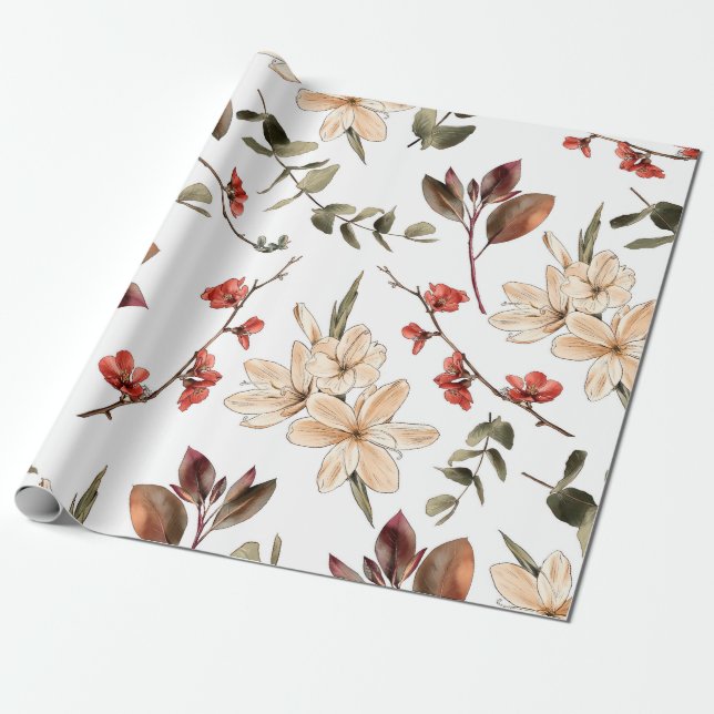 Sömlöst botaniskt mönster med vit bakgrund presentpapper (Utrullad)