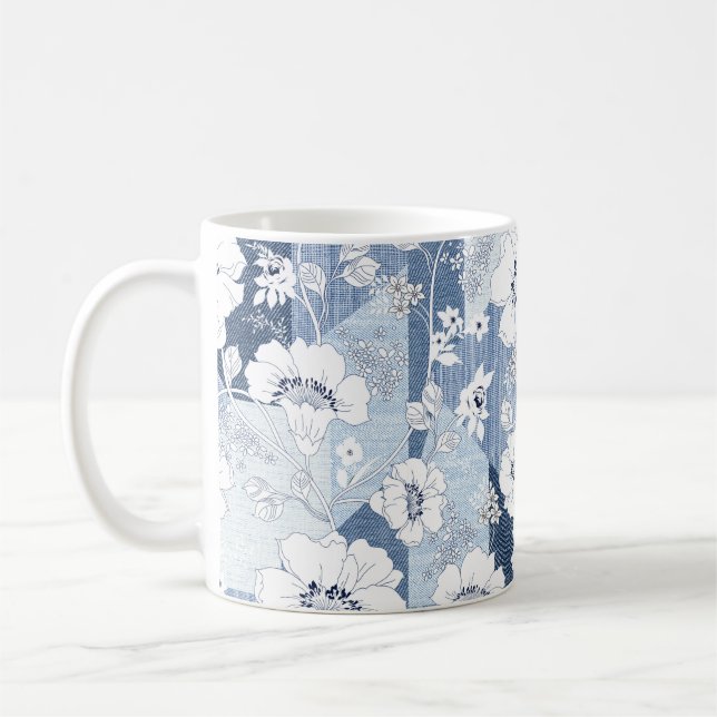 sömlöst denim-lappverk på blommor kaffemugg (Vänster)