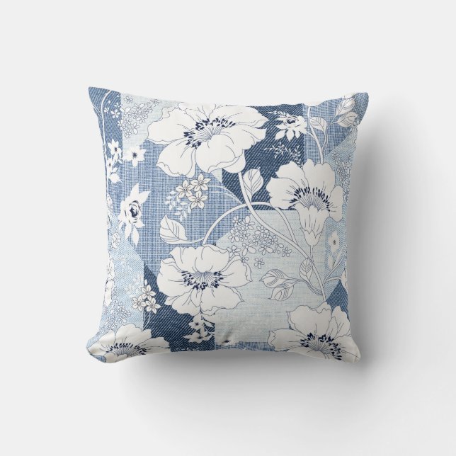 sömlöst denim-lappverk på blommor kudde (Framsida)