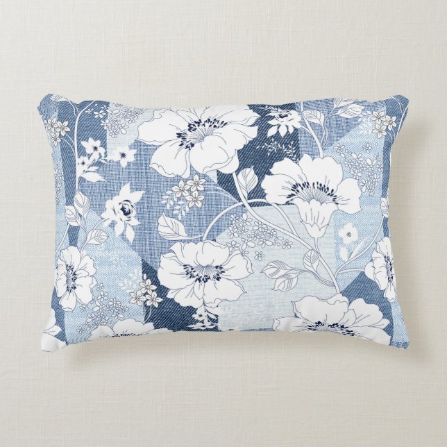 sömlöst denim-lappverk på blommor prydnadskudde (Framsidan)
