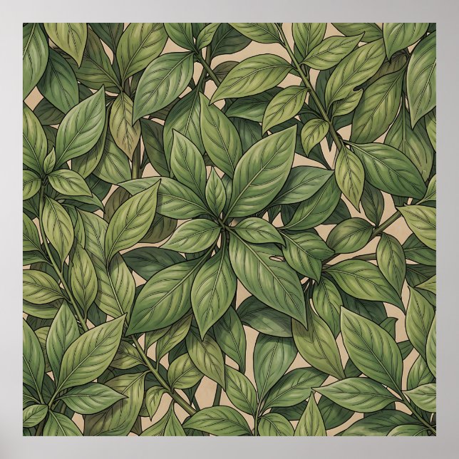 Sömlöst Grönt Blad Botaniskt Vintage Mönster Poster (Framsidan)