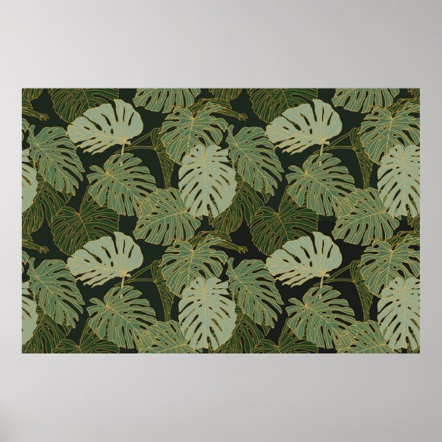 Sömlöst grönt khaki och guld monstera mönster poster (Framsidan)