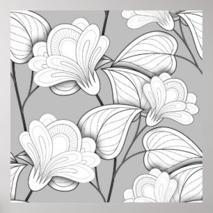 Sömlöst monokromt Blommönster. Hand plockade Flo Poster