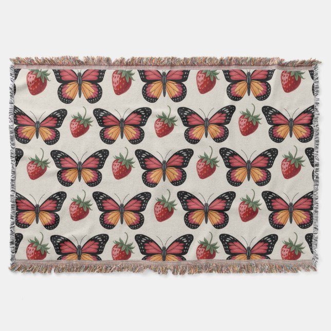 Sömlöst Mönster av Fjärilar och Jordgubbar Filt (Framsidan)