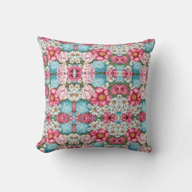 Sömlöst mönster av rosa, blå och vita hydrangeor kudde (Framsida)