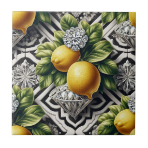 Sömlöst mönster B&W Art Deco Citroner och Diamante Kakelplatta