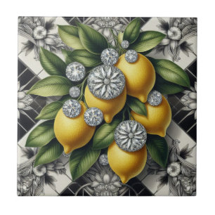 Sömlöst mönster B&W Art Deco Citroner och Diamante Kakelplatta