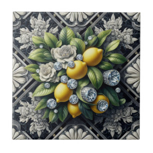 Sömlöst mönster B&W Art Deco Citroner och Diamante Kakelplatta