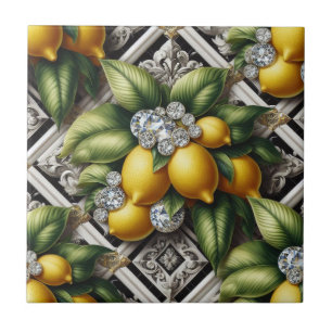 Sömlöst mönster B&W Art Deco Citroner och Diamante Kakelplatta