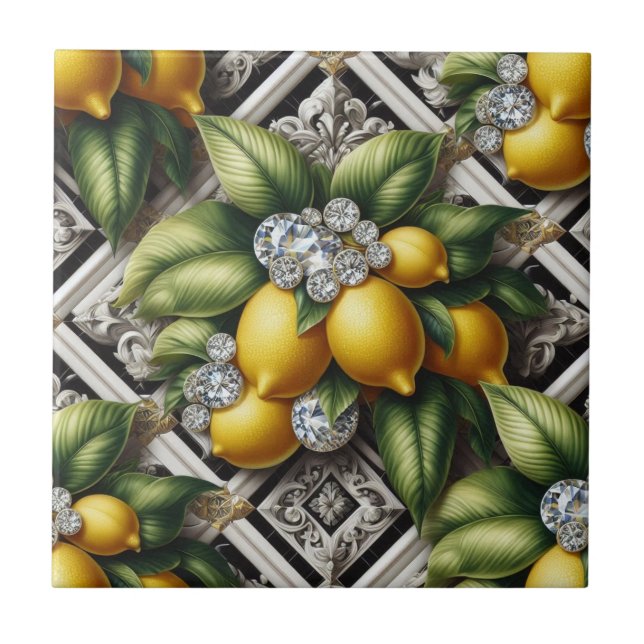 Sömlöst mönster B&W Art Deco Citroner och Diamante Kakelplatta (Framsidan)