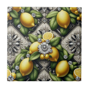 Sömlöst mönster B&W Art Deco Citroner och Diamante Kakelplatta