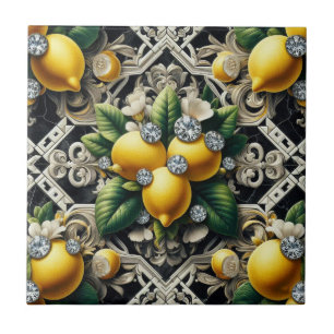 Sömlöst mönster B&W Art Deco Citroner och Diamante Kakelplatta