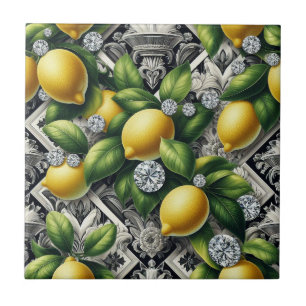 Sömlöst mönster B&W Art Deco Citroner och Diamante Kakelplatta