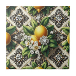 Sömlöst mönster B&W Art Deco Citroner och Diamante Kakelplatta