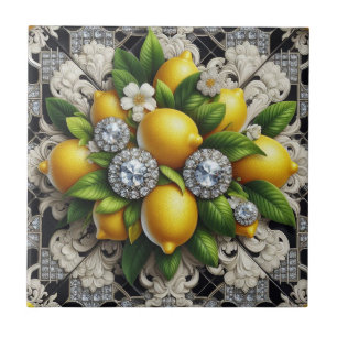 Sömlöst mönster B&W Art Deco Citroner och Diamante Kakelplatta