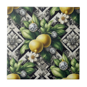 Sömlöst mönster B&W Art Deco Citroner och Diamante Kakelplatta