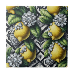 Sömlöst mönster B&W Art Deco Citroner och Diamante Kakelplatta
