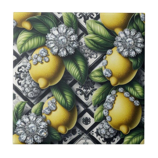 Sömlöst mönster B&W Art Deco Citroner och Diamante Kakelplatta (Framsidan)