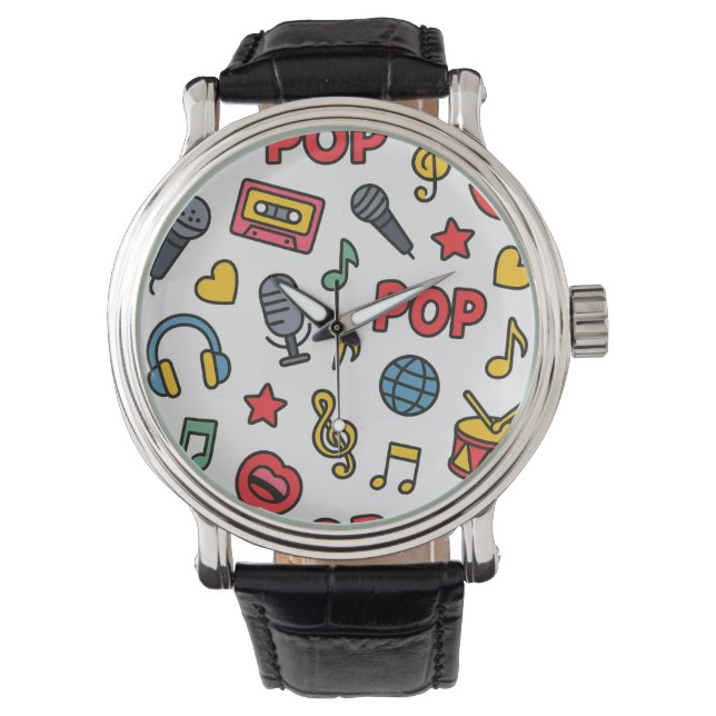 sömlöst mönster för popmusik doodle-ikoner	 armbandsur (Framsida)