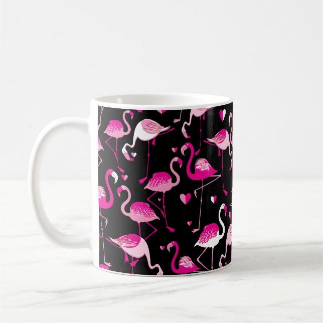 Sömlöst mönster från rosa flamingos på mörk kaffemugg (Vänster)