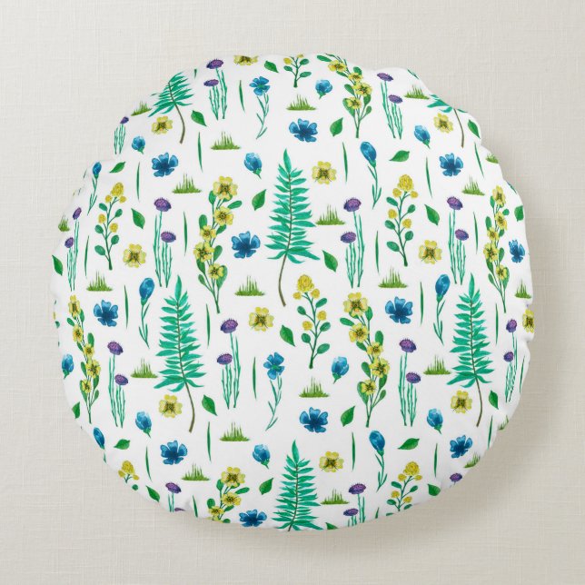 Sömlöst mönster med bjäll och blommor rund kudde (Framsidan)
