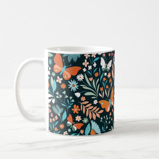 Sömlöst mönster med blommor och fjärilar kaffemugg (Vänster)