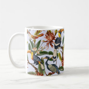 Sömlöst mönster med fåglar och tropiska löv och kaffemugg