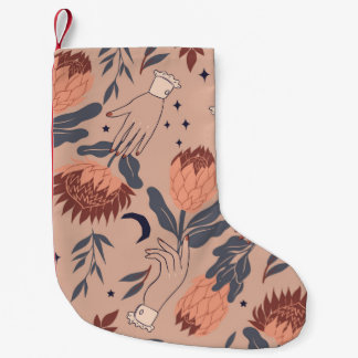 Sömlöst mönster med fåglar, proteablommor och ha liten julstrumpa