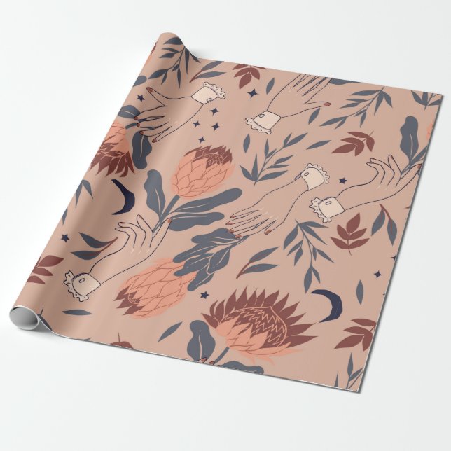 Sömlöst mönster med fåglar, proteablommor och ha presentpapper (Utrullad)