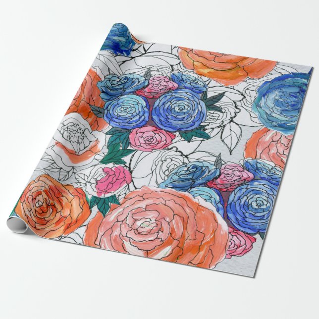 Sömlöst mönster med färgade blommor presentpapper (Utrullad)