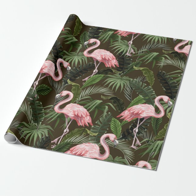 Sömlöst mönster med flamingo och tropiskt löv presentpapper (Utrullad)