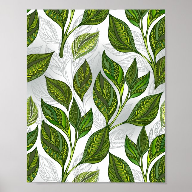 Sömlöst mönster med gröna teblad poster (Framsidan)