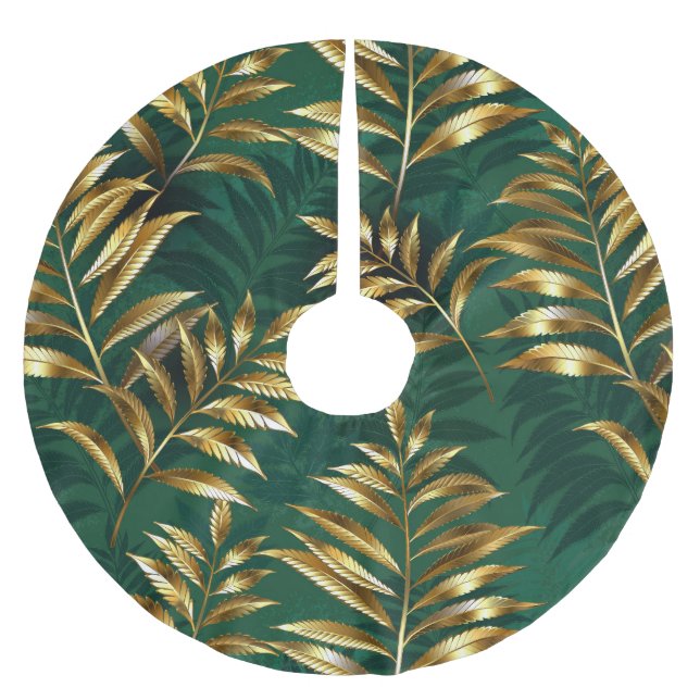 Sömlöst mönster med gyllene ormbunkar julgransmatta borstad polyester (Framsidan)