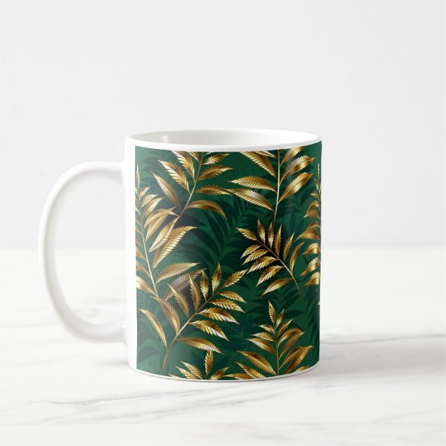 Sömlöst mönster med gyllene ormbunkar kaffemugg (Vänster)
