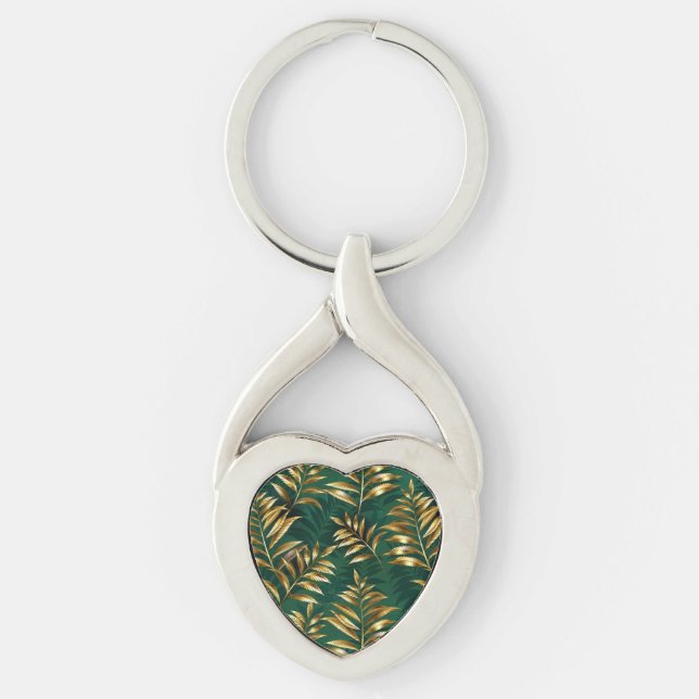Sömlöst mönster med gyllene ormbunkar twisted heart silverfärgad nyckelring (Framsidan)