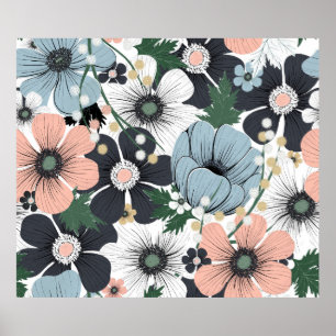 Sömlöst mönster med handdragna ömtåliga blommor. poster