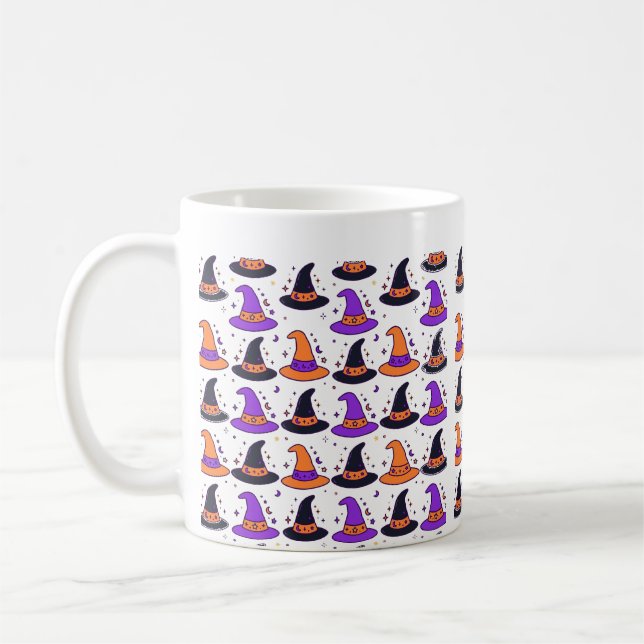 Sömlöst mönster med häxhatt Halloween-konst Kaffemugg (Vänster)