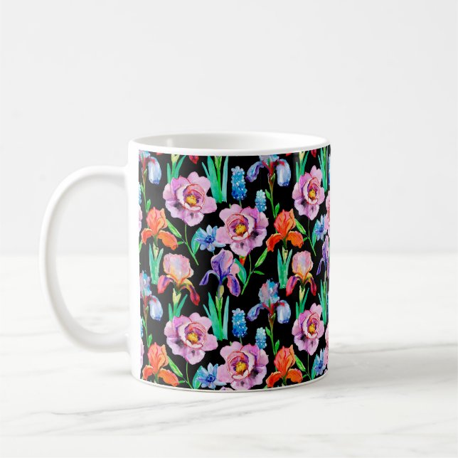 Sömlöst mönster med iris- och peonblommor, Wat Kaffemugg (Vänster)