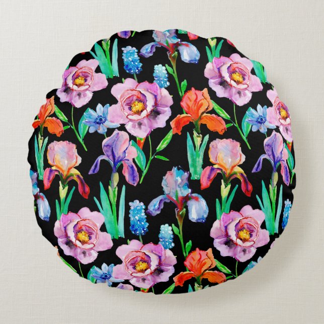 Sömlöst mönster med iris- och peonblommor, Wat Rund Kudde (Framsidan)