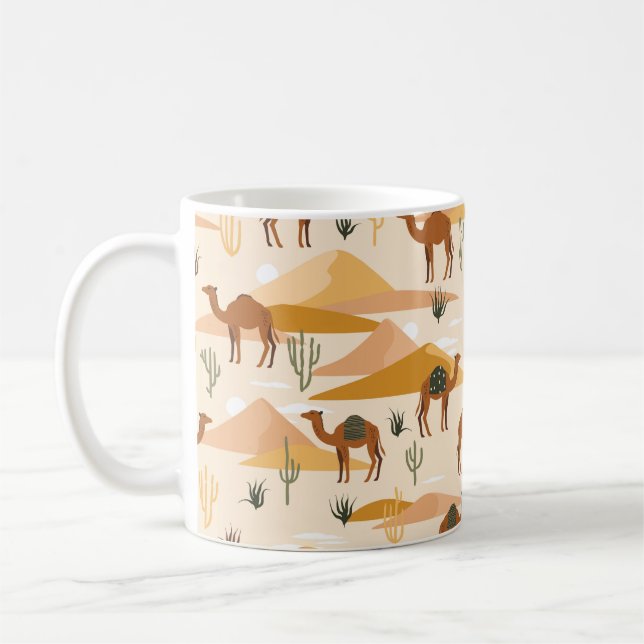 Sömlöst mönster med kameler, dyner och kaktusar. K Kaffemugg (Vänster)
