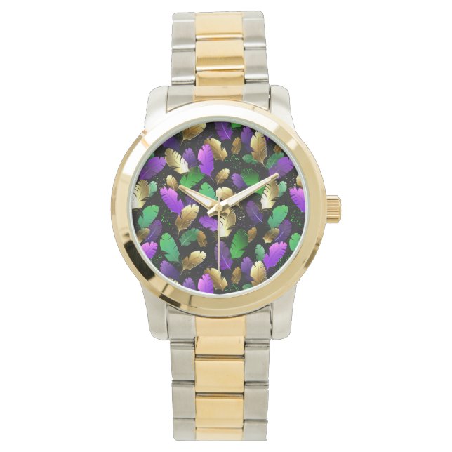 Sömlöst mönster med Mardi Gras-fjädrar Armbandsur (Framsida)