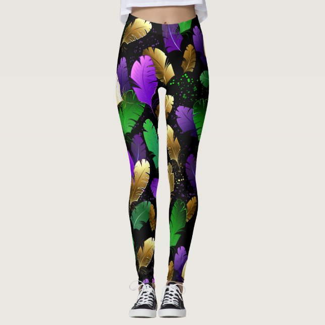 Sömlöst mönster med Mardi Gras-fjädrar Leggings (Framsida)