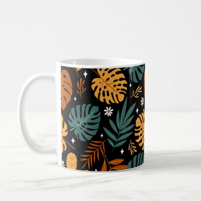 Sömlöst mönster med olika tropiska löv och kaffemugg (Vänster)
