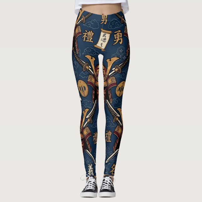 Sömlöst mönster med Samuraj Bushido Code-dygder Leggings (Framsida)