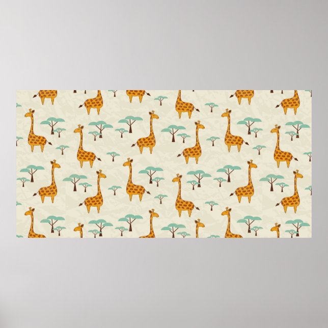 Sömlöst mönster med söta giraffer och träd, Vin Poster (Framsidan)