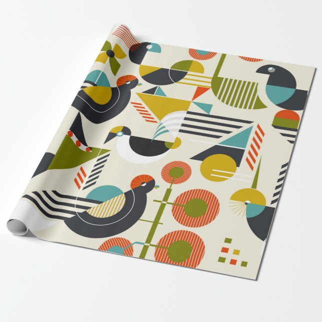 Sömlöst mönster med stiliserade fåglar i retro bau presentpapper (Utrullad)