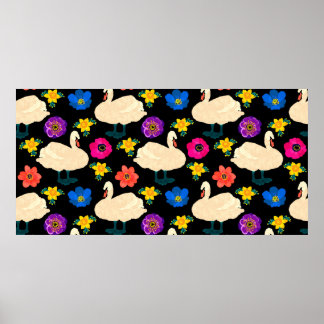 Sömlöst mönster med svanar och blommor, handrita poster