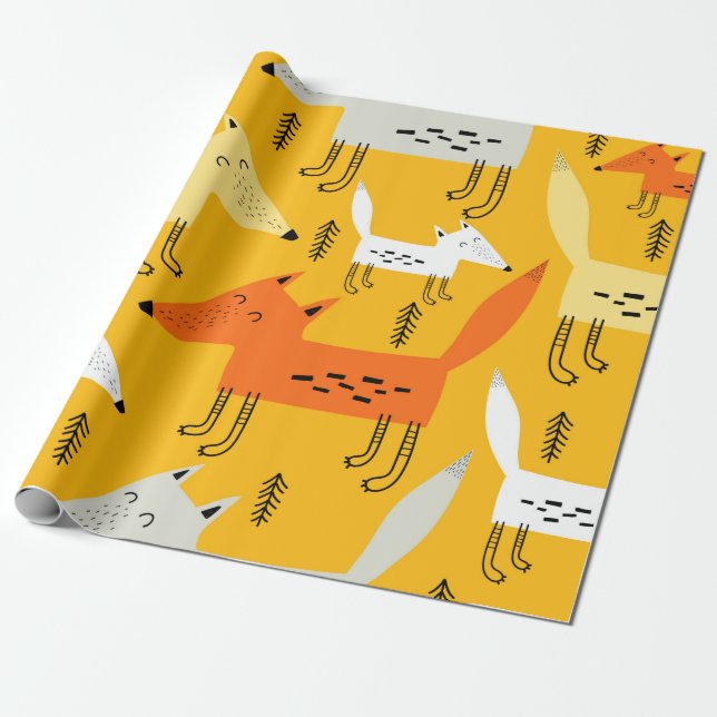 Sömlöst mönster med tecknad rävar, dekan inslag presentpapper (Utrullad)